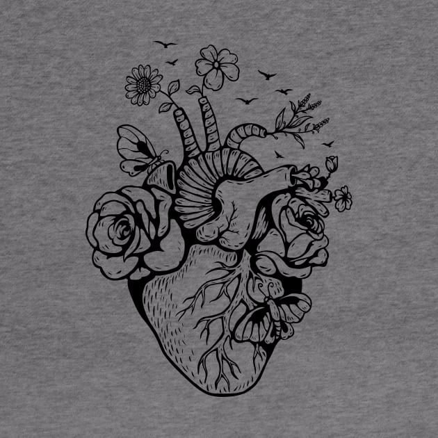 Anatomical Black and white heart witl flowers by BlindVibes